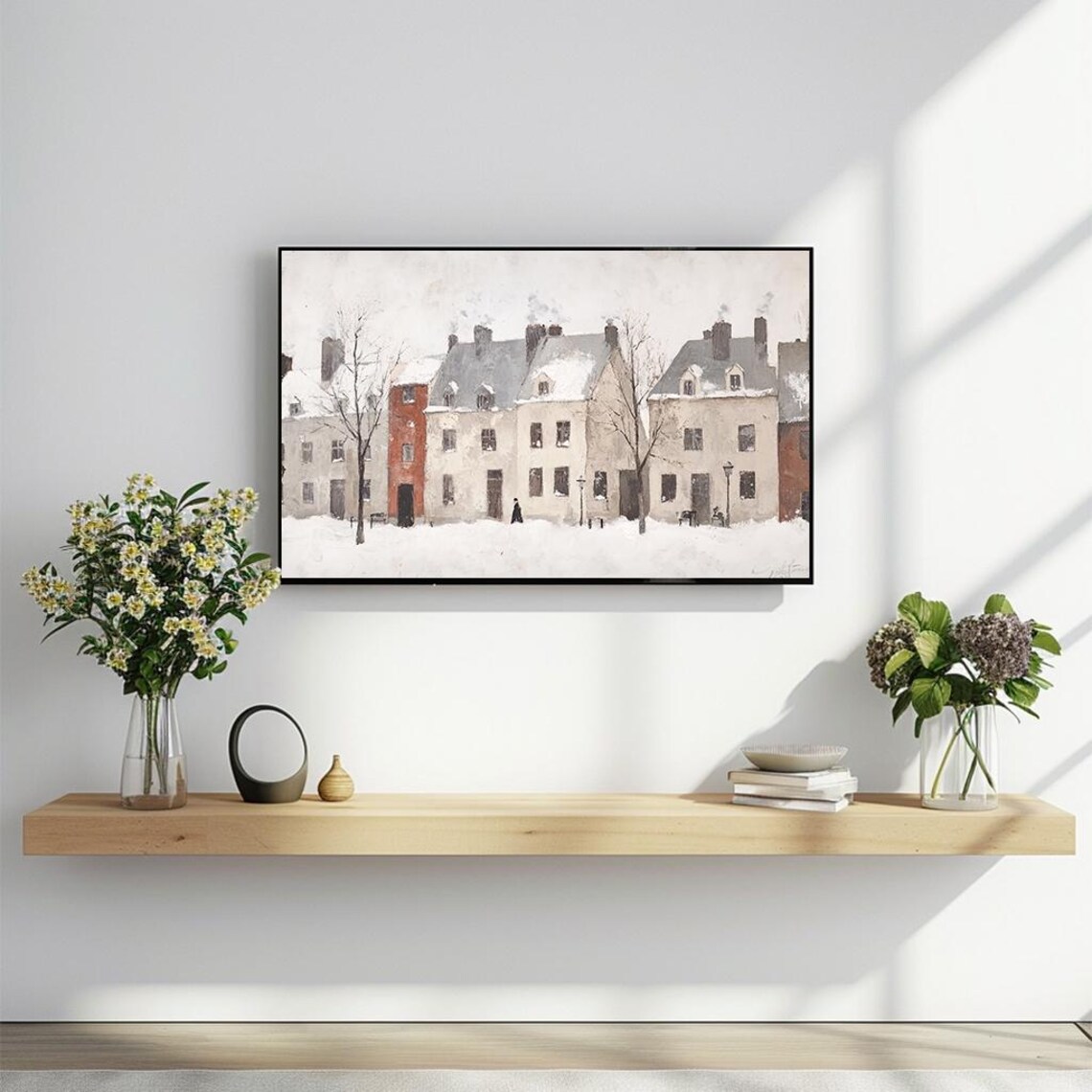 Snowy Historic Village Street Old Houses Winter Scene Art Poster - Image 2