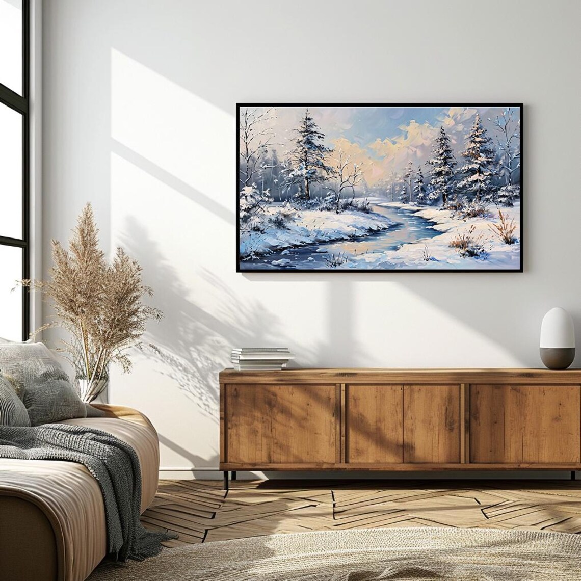 Snowy River Pine Forest Pastel Sunrise Impasto Winter Painting Poster - Image 4