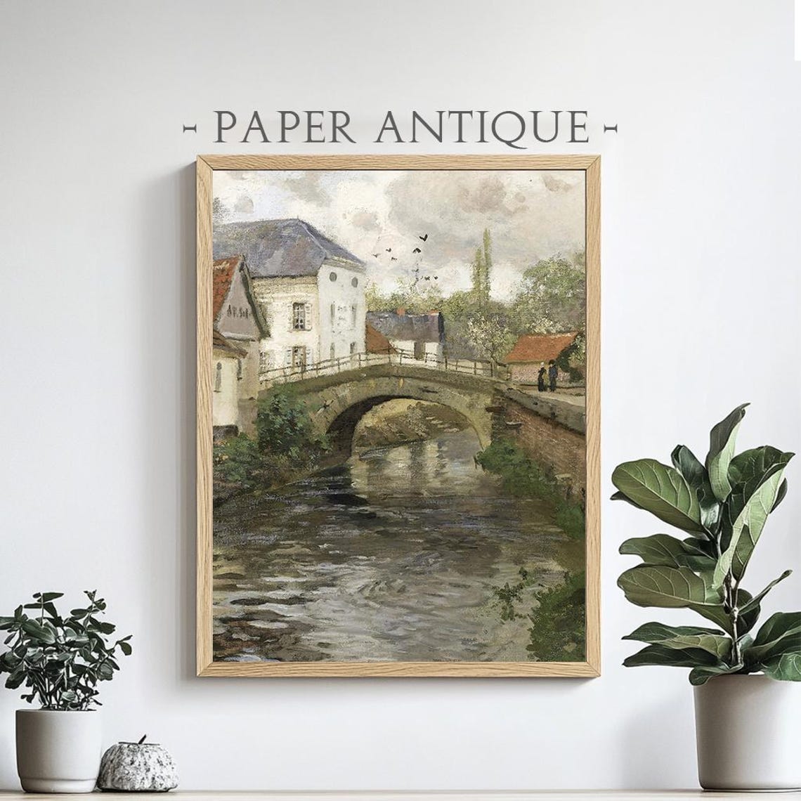 Town River Oil Painting Bridge Architecture Landscape Rustic European Scenery Wall Art Print Pt