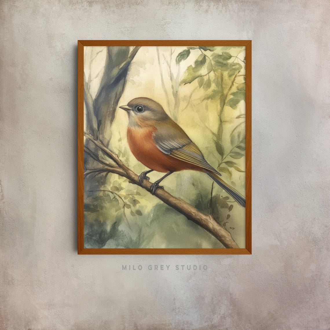 Robin Perched On A Branch Watercolor Bird Illustration Poster
