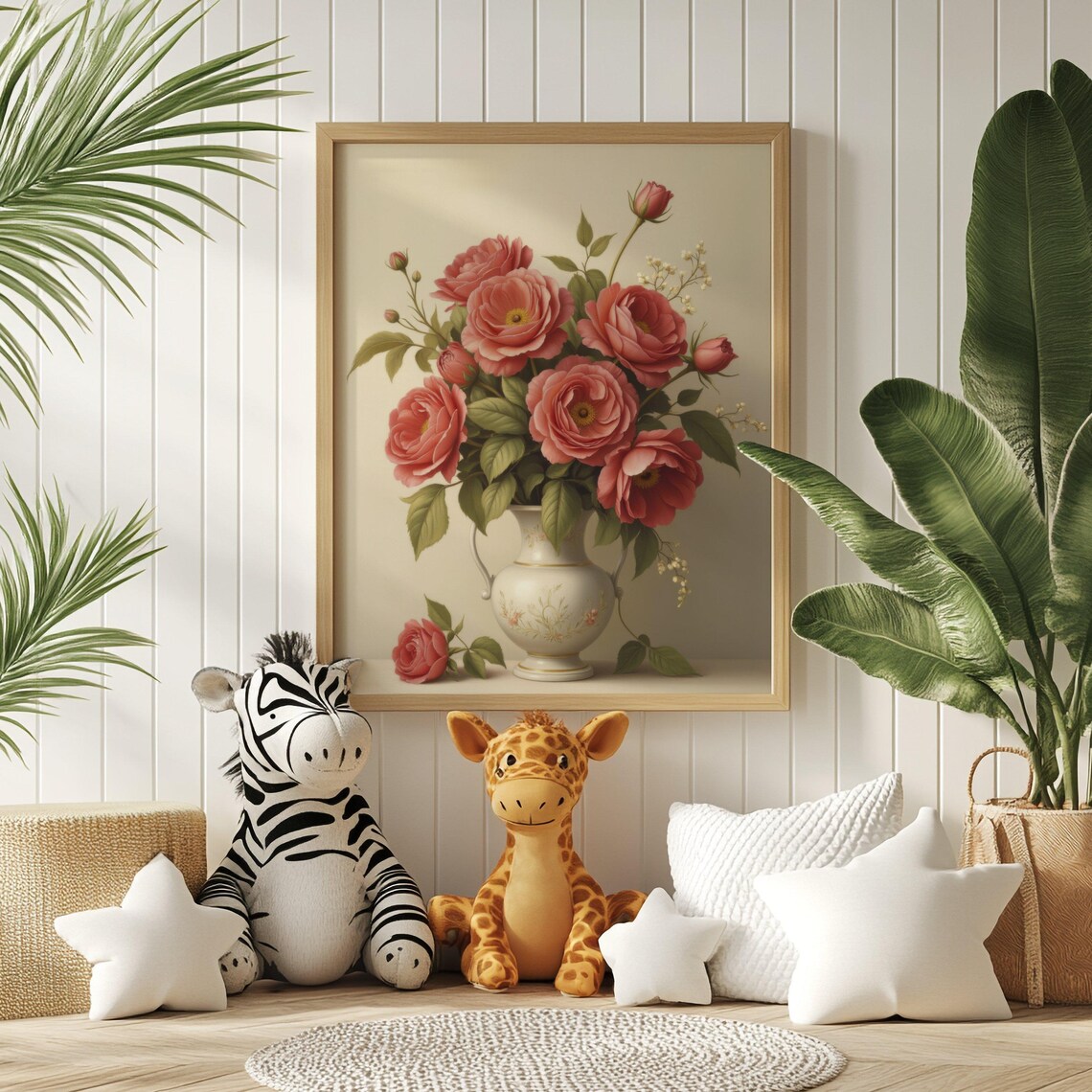 Pink Roses Bouquet in White Porcelain Vase Vintage Botanical Poster - Image 2