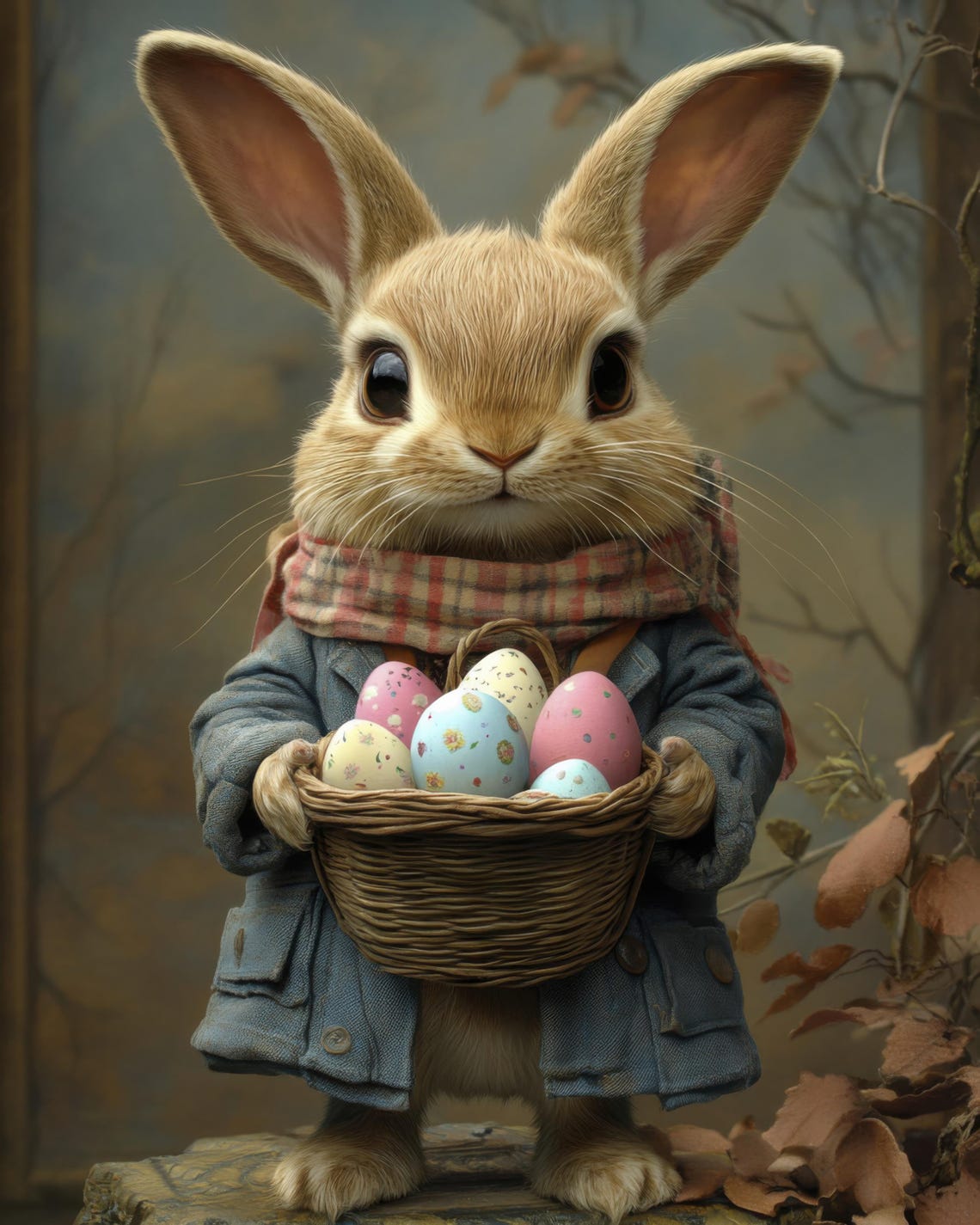 Bunny In Blue Coat And Plaid Scarf Holding Easter Eggs Poster - Image 3