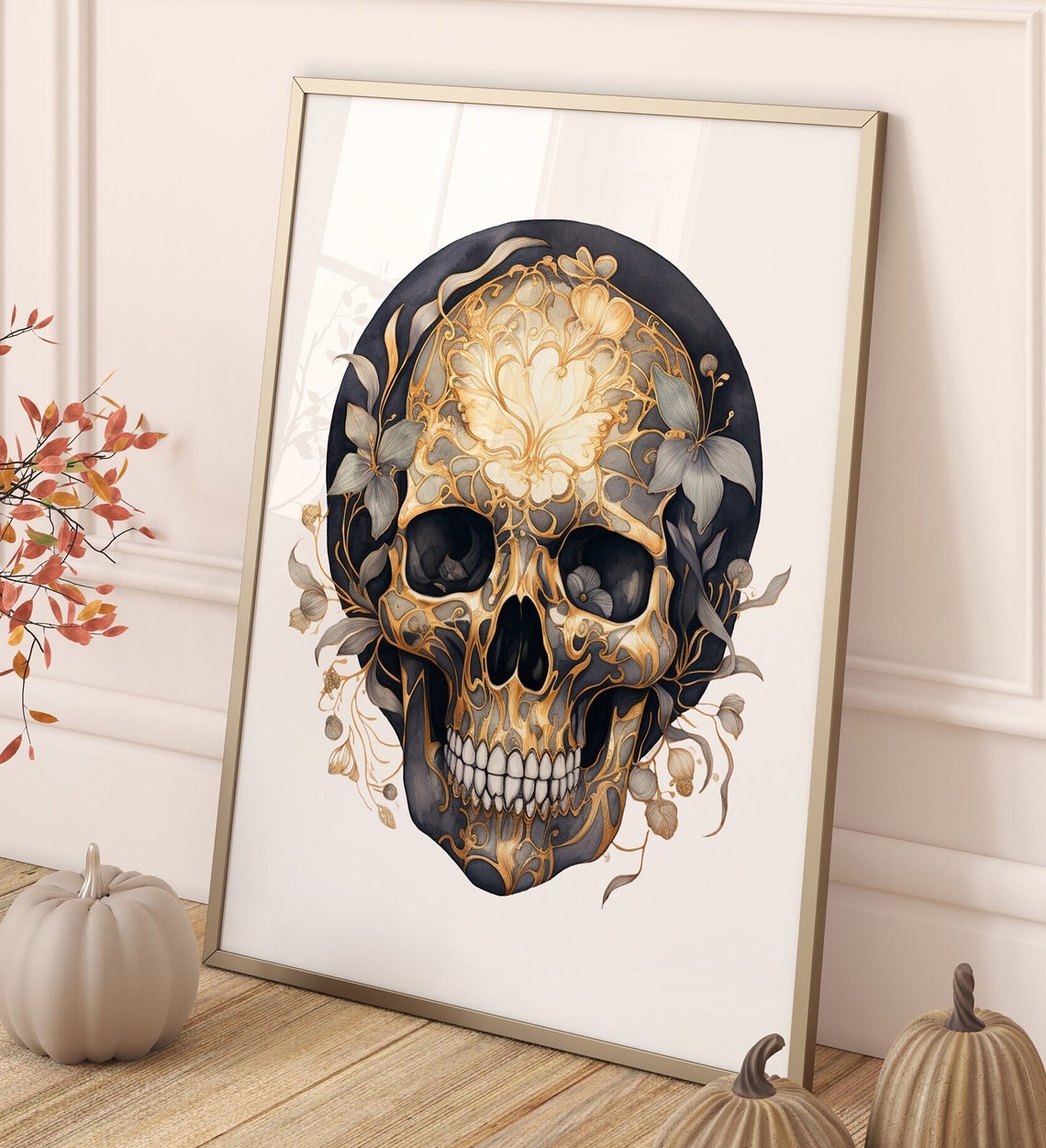Gothic Black and Gold Floral Skull Art Deco Style Decorative Poster