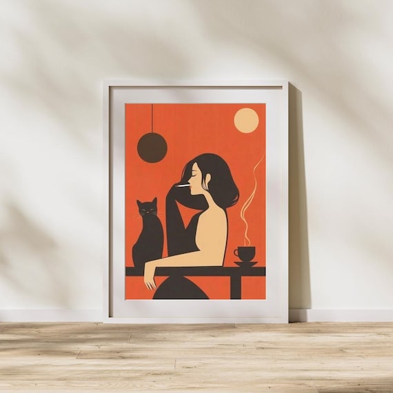 Woman with Cat and Coffee Mid Century Minimalist Illustration Poster