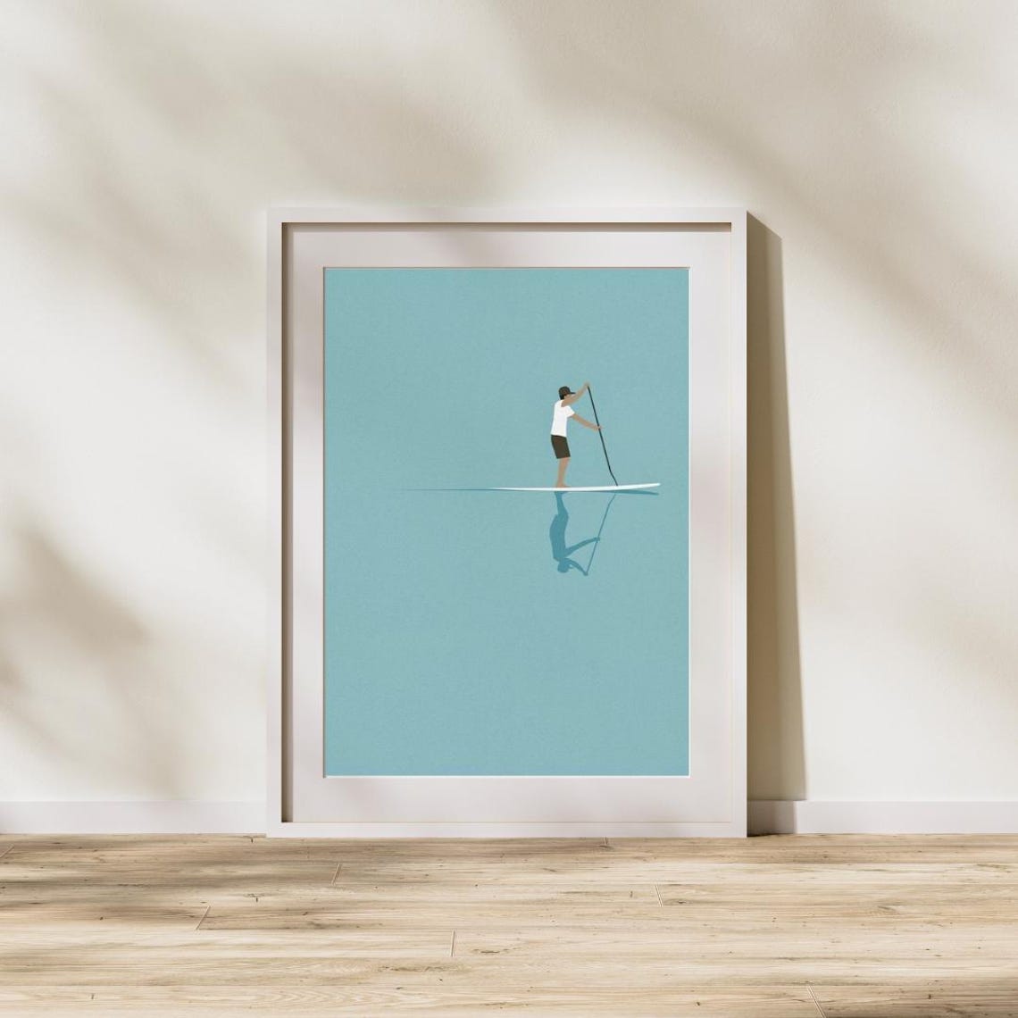 Lone Paddleboarder Calm Teal Water Reflection Minimalist Poster
