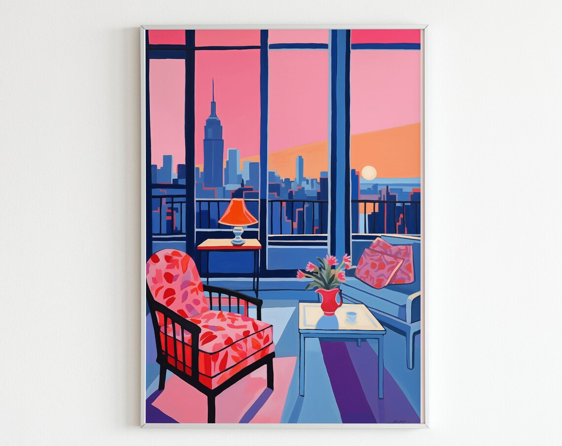 New York Sunset Skyline Apartment Interior Retro City Wall Art - Image 5