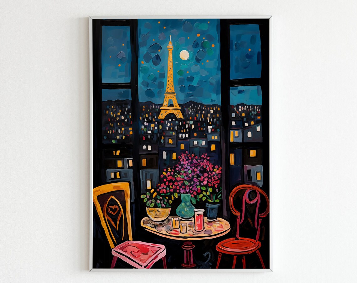 Paris Night Window View Eiffel Tower Fauvist Cafe Scene Poster