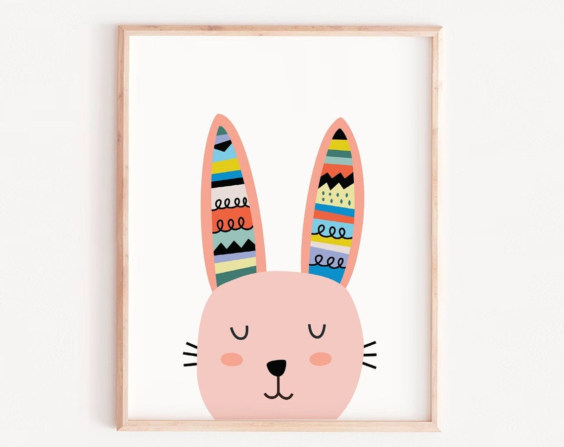 Pink Bunny with Colorful Patterned Ears Cute Nursery Decor Poster