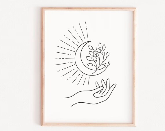 Hand Holding Crescent Moon Botanical Line Art Celestial Poster