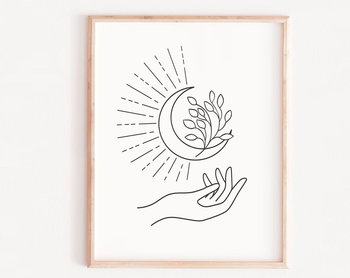 Hands With Moon Art Print Line Woman Holding Moonfloral Drawing Minimal Wall Abstract Celestial