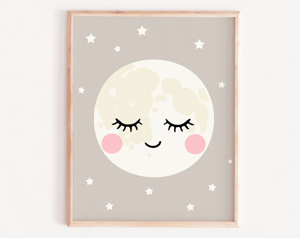 Sleeping Moon Nursery Print, Cute Pink Cheeks Baby Room Wall Decor