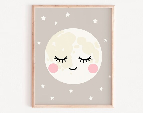 Sleeping Moon Nursery Print, Cute Pink Cheeks Baby Room Wall Decor
