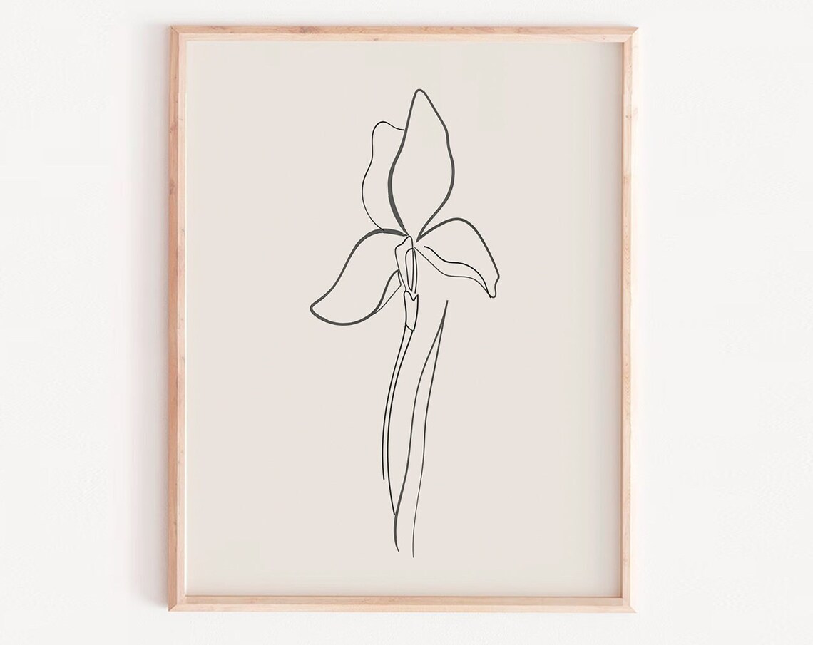 Minimalist Single Line Iris Drawing Neutral Botanical Wall Art