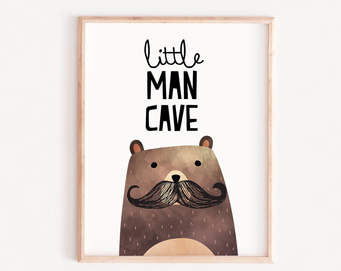Little Man Cave Mustache Bear Cute Watercolor Nursery Poster