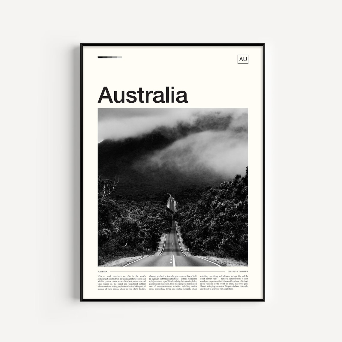 Australia Minimalist Black and White Coastal Road Photo Poster