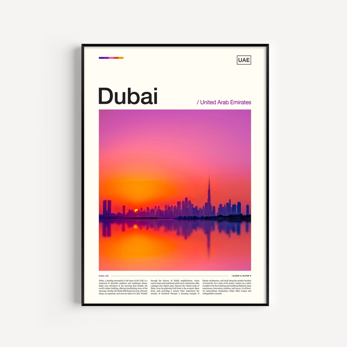 Dubai UAE Sunset Skyline Burj Khalifa Silhouette Photo Travel Poster