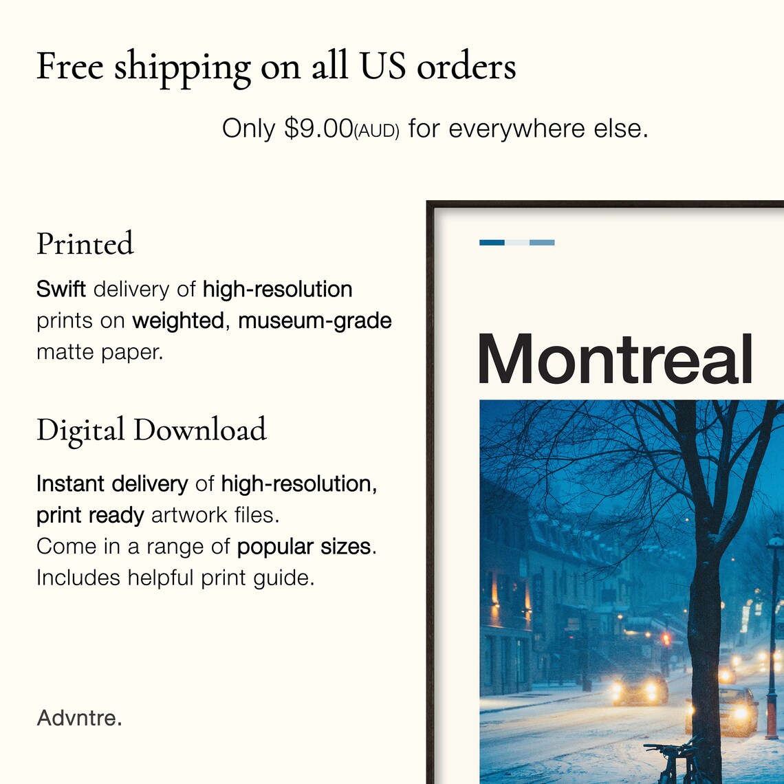 Montreal Canada Winter Twilight Snowy Street Photography Poster - Image 2