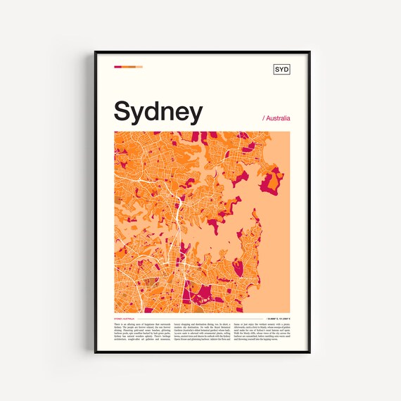 Sydney Australia Orange Magenta Street Map Art Travel Poster