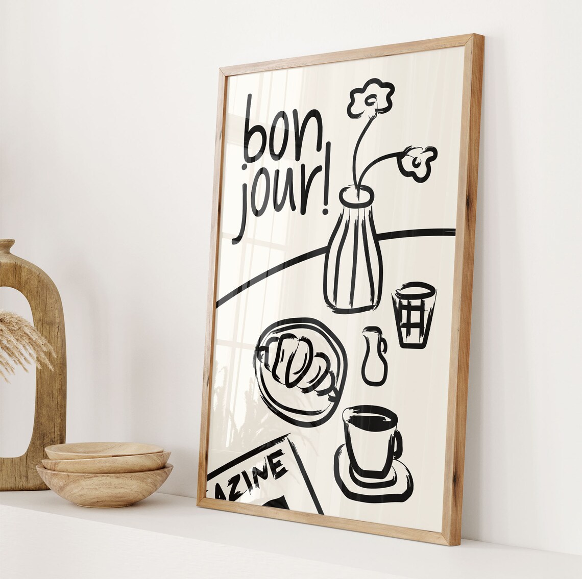 Bon Jour Bold French Breakfast Coffee Croissant Black Ink Poster - Image 2