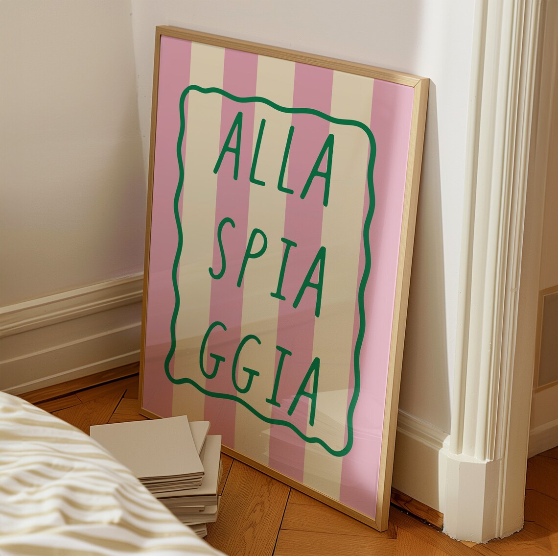 Alla Spiaggia Italian Pink Striped Beach House Typography Poster - Image 2