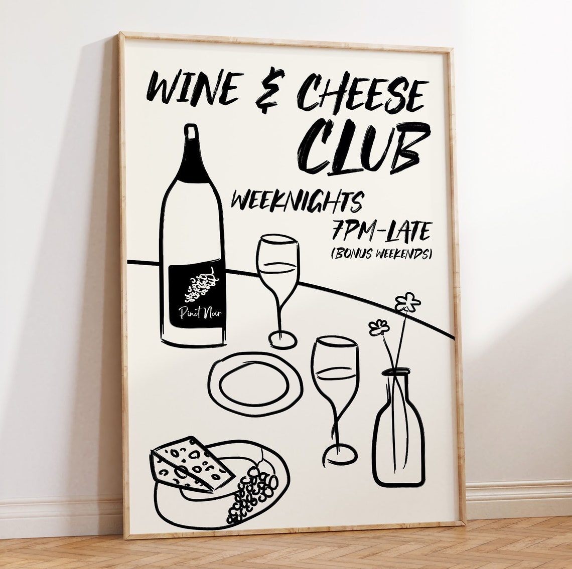 Wine and Cheese Club Weeknights Bold Black Ink Kitchen Poster - Image 2