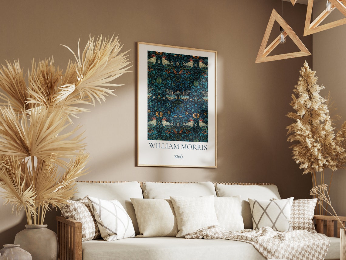 William Morris Birds Dark Navy Tapestry Pattern Exhibition Wall Art - Image 3