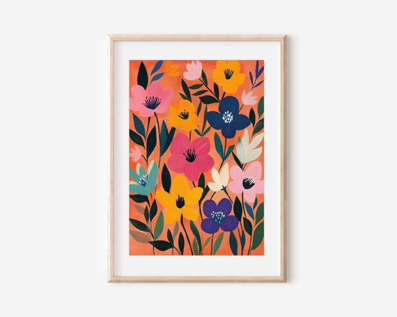 Maximalist Floral Print Colorful Wall Art Eclectic Home Decor Abstract Flower Poster Bold Art