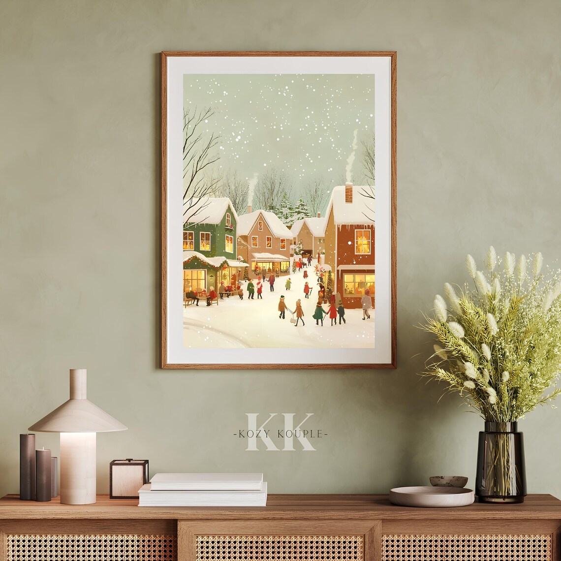 Snowy Village Street at Dusk Glowing Shops Falling Snow Poster - Image 3