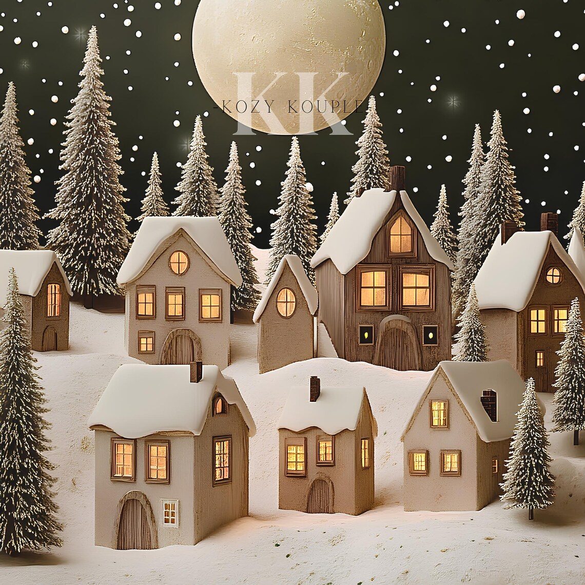Moonlit Snowy Village Glowing Cottages Full Moon Winter Poster - Image 4