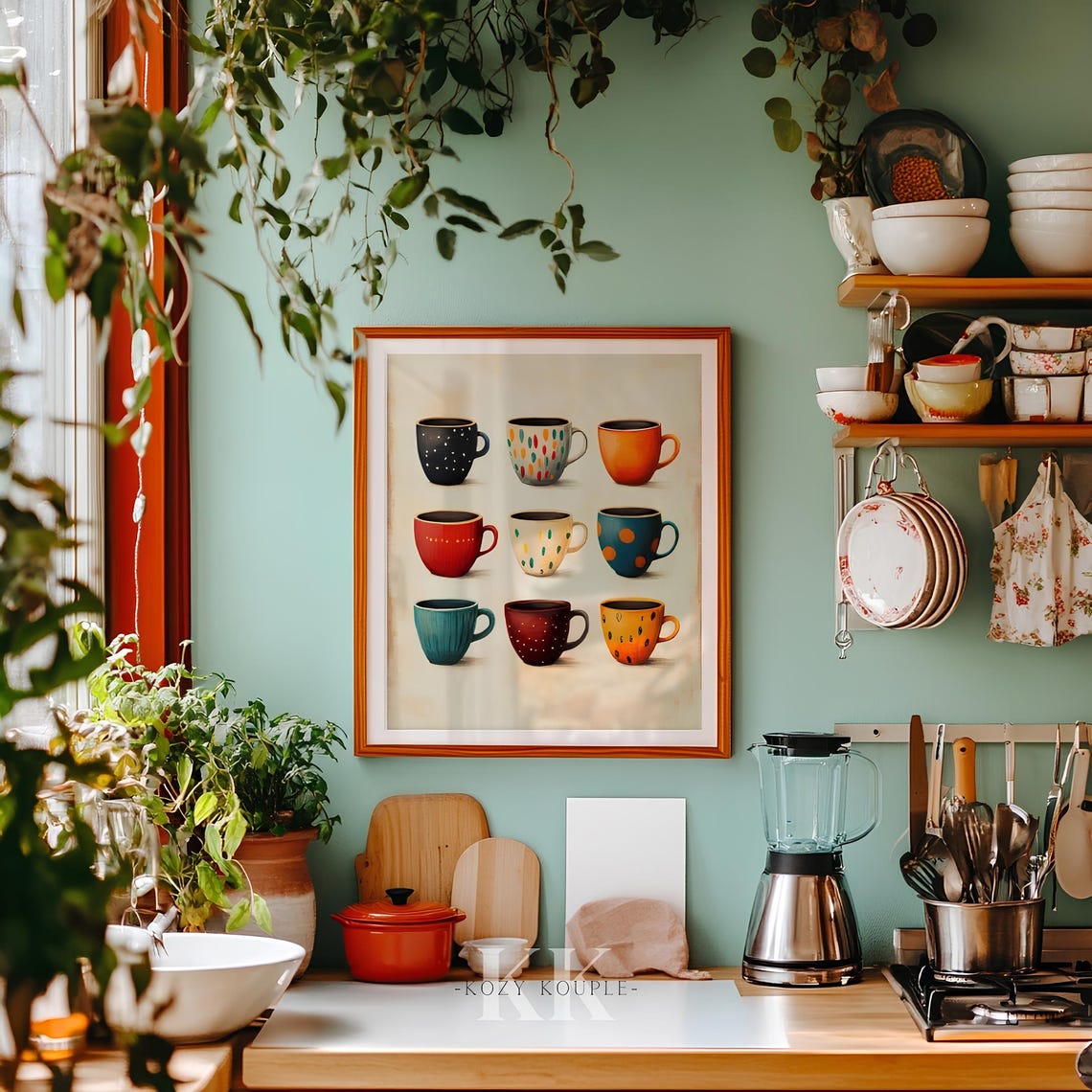 Nine Colorful Coffee Mugs Grid Retro Dotted Kitchen Wall Art - Image 2