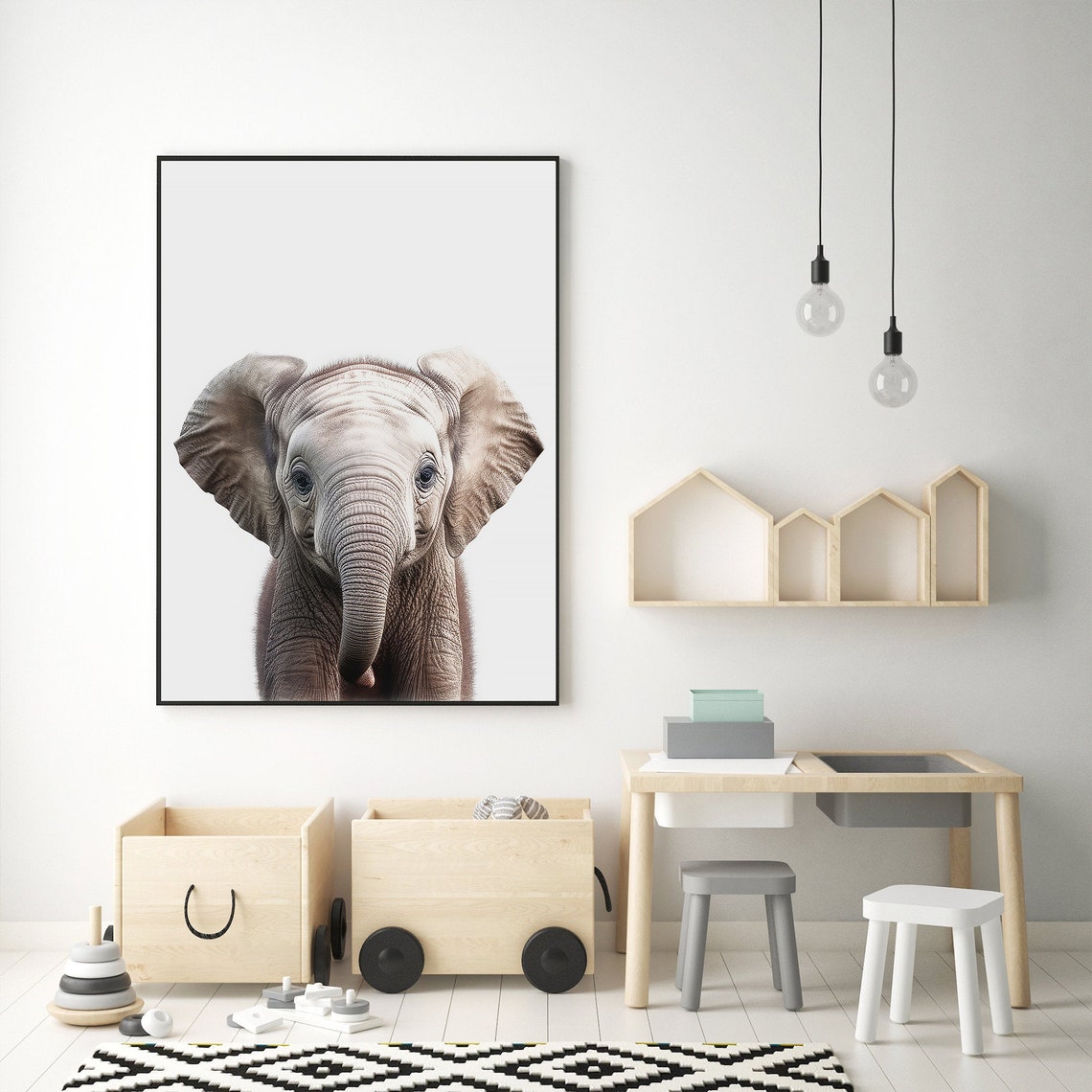 Baby Elephant Nursery Portrait Cute Grey Calf Minimal Art Print - Image 3