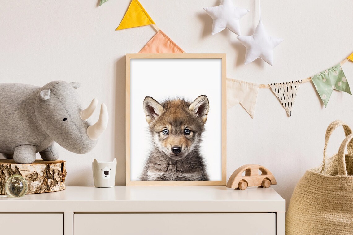 Baby Wolf Pup Nursery Portrait Cute Bright Blue Eyes Art Print - Image 2