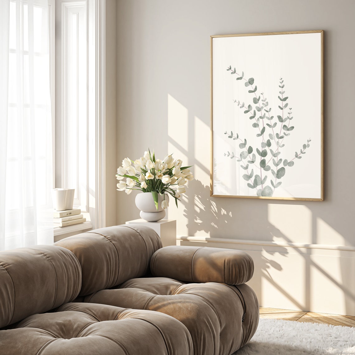 Minimalist Eucalyptus Branch Watercolor Botanical Living Room Wall Art - Image 3