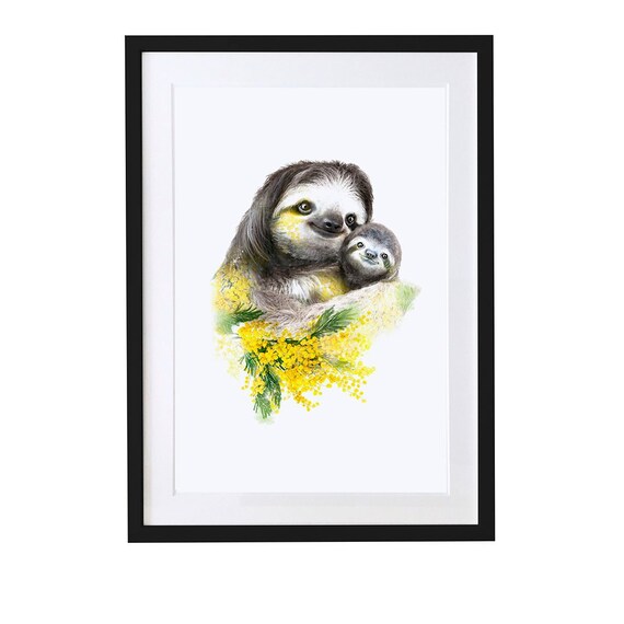 Sloth Mother Baby Cuddle Yellow Blossom Framed Nursery Wall Art