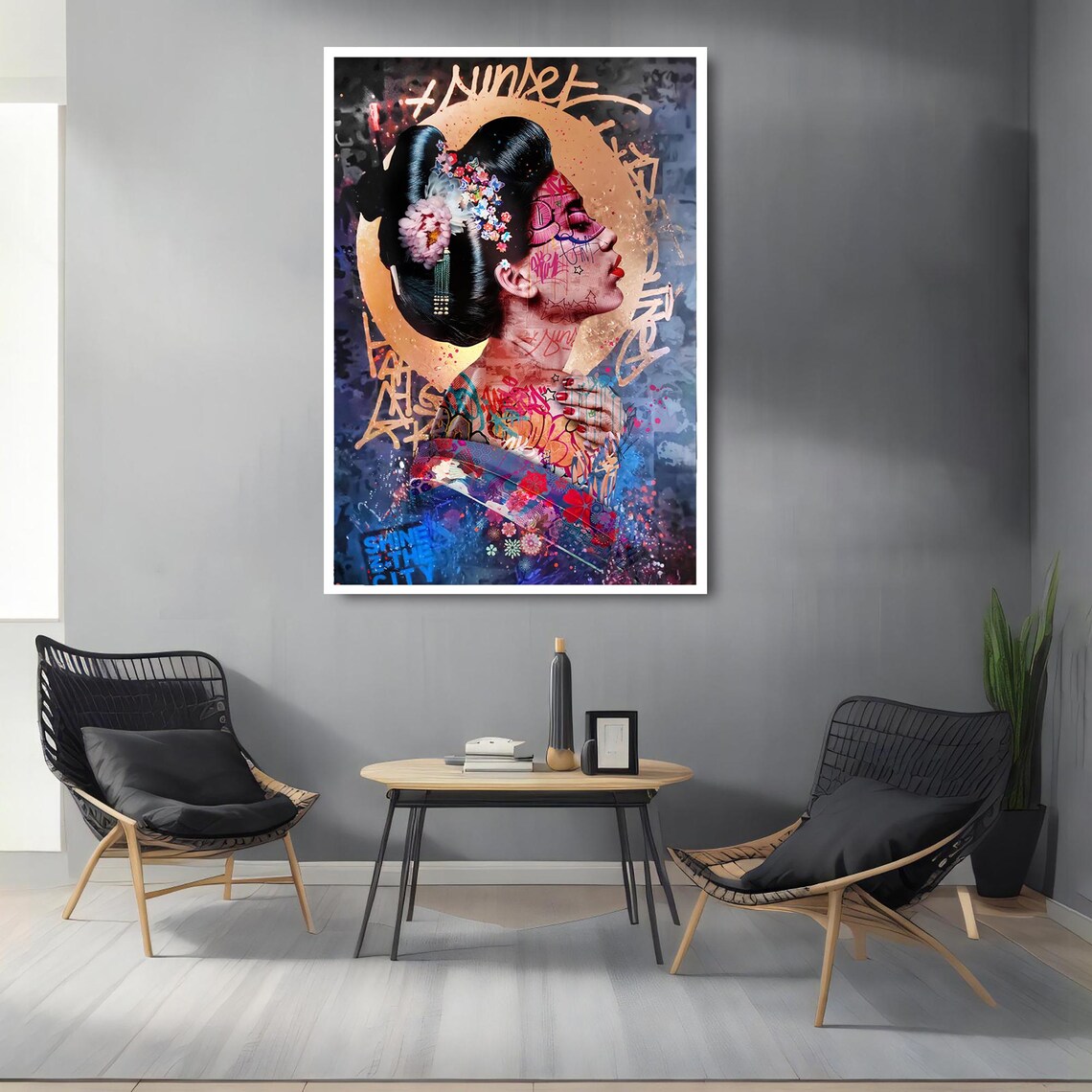 Geisha Graffiti Sunset Gold Japanese Street Art Modern Wall Art - Image 2