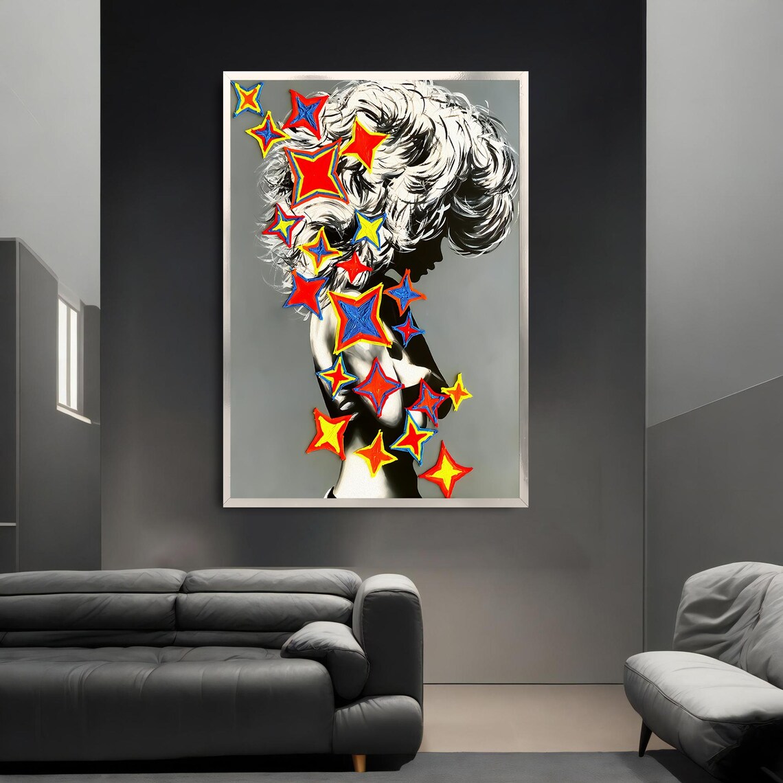 Pop Art Woman Silhouette With Colorful Stars Retro Modern Wall Art - Image 3