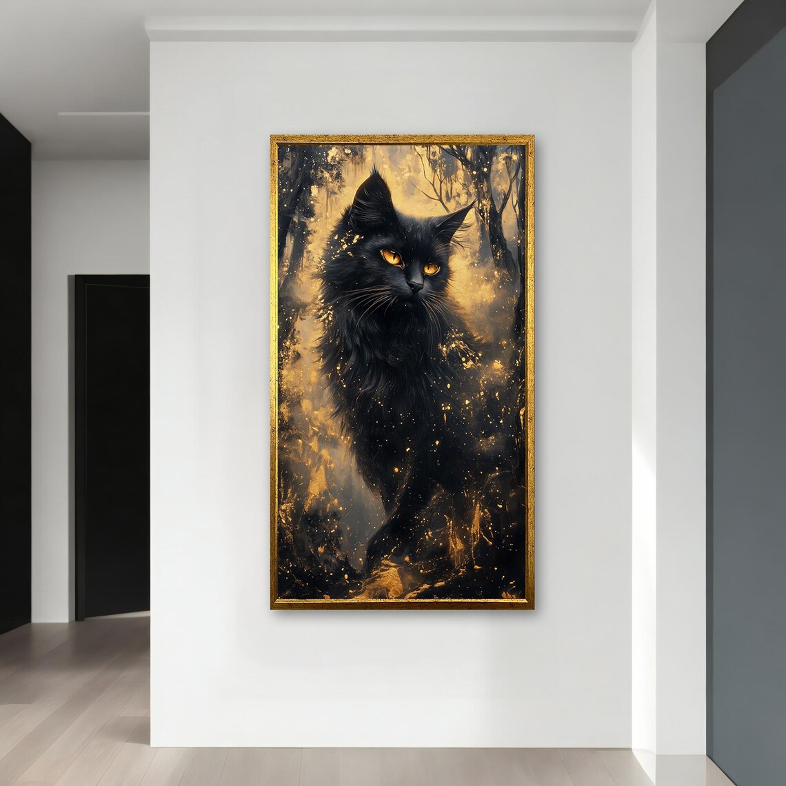 Mystical Black Cat in Golden Ember Forest Fantasy Feline Art Poster - Image 3