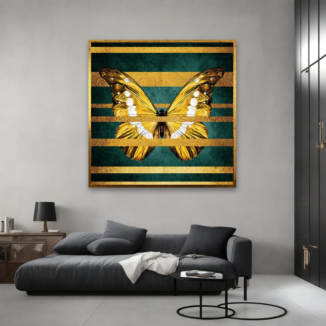 Golden Butterfly On Striped Print Modern Wall Art Ready To Hang Modern Home Decor Unique Nature Decor Gift Idea - Image 3