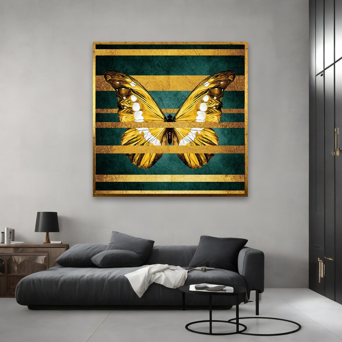 Golden Butterfly Teal Gold Stripes Decorative Insect Art Poster - Image 3