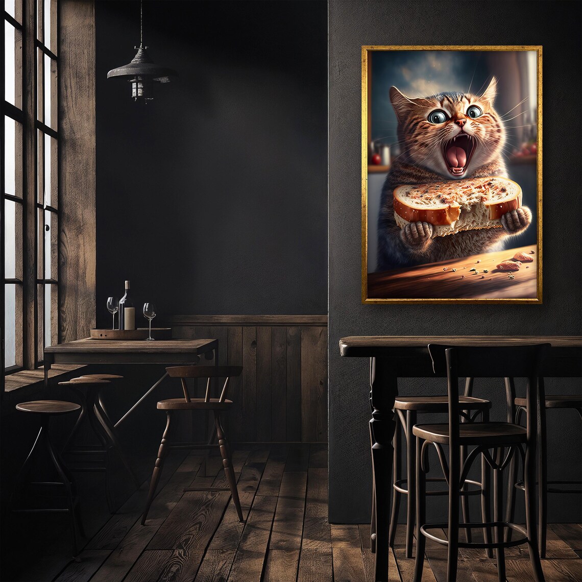 Funny Cat Eating Bread Toast Happy Tabby Quirky Kitchen Wall Art Poster - Image 4