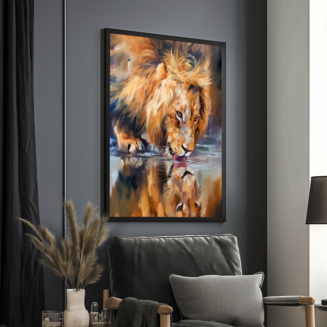 Lion Drinking Water Reflection Golden Mane Wildlife Painting Wall Poster