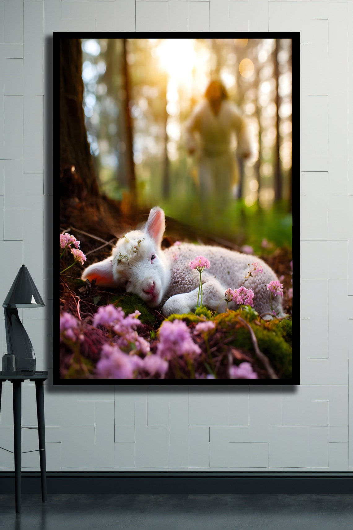 Jesus Lost Sheep Lamb Resting In Spring Forest Flowers Wall Art - Image 2