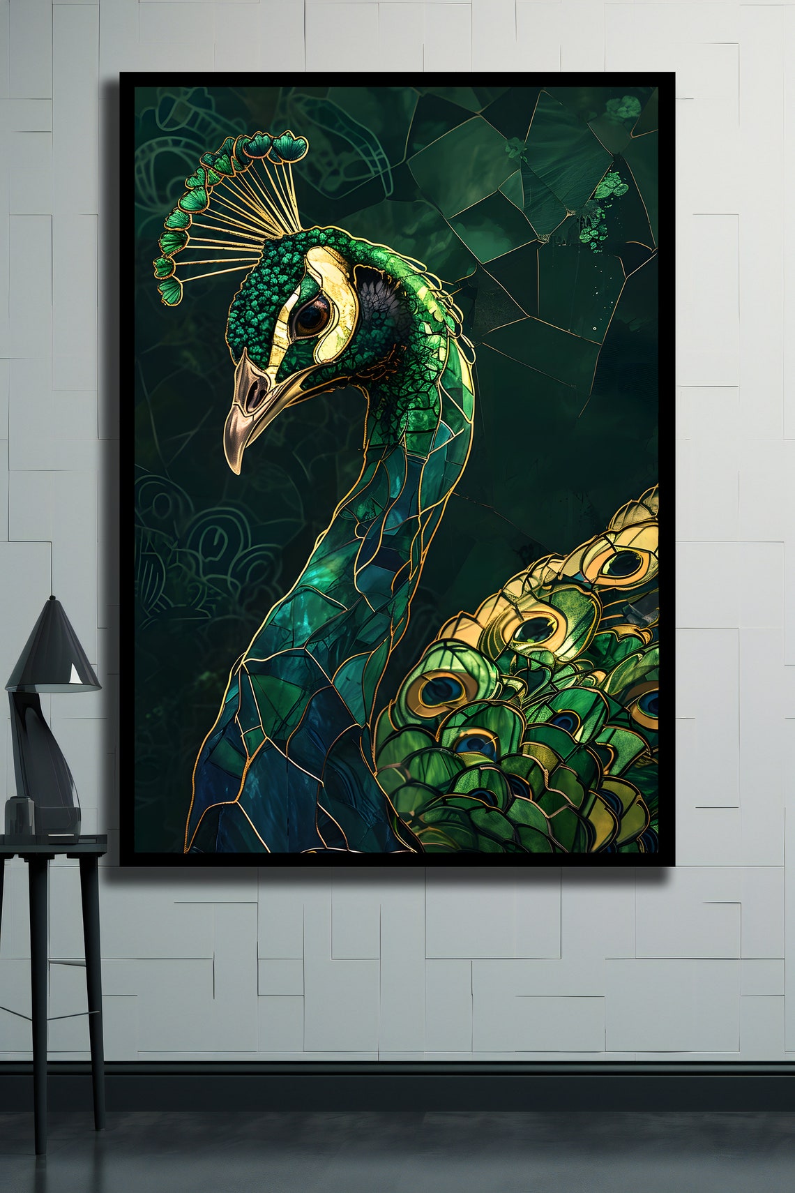 Emerald Green Mosaic Peacock Portrait Gold Feather Detail Wall Art - Image 2