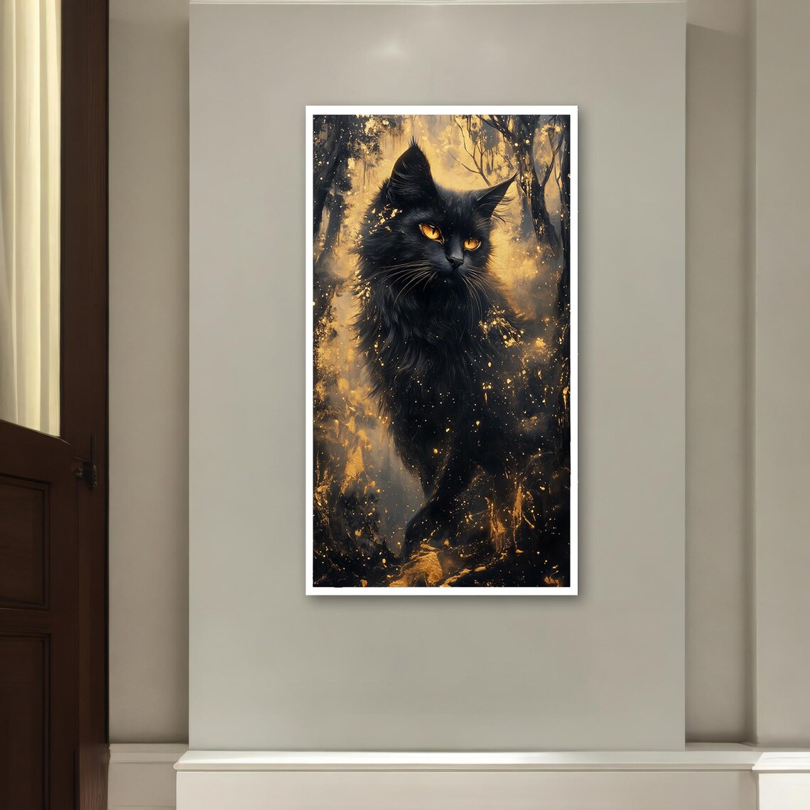 Mystical Black Cat in Golden Ember Forest Fantasy Feline Art Poster - Image 2