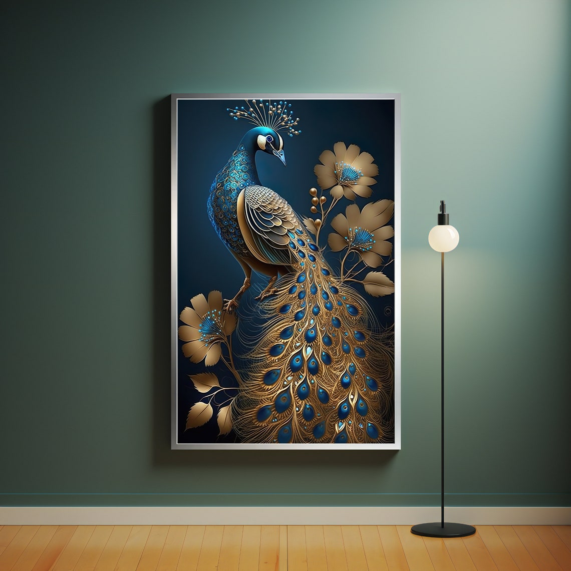 Golden Blue Peacock With Gold Flowers Dark Elegant Art Poster - Image 4