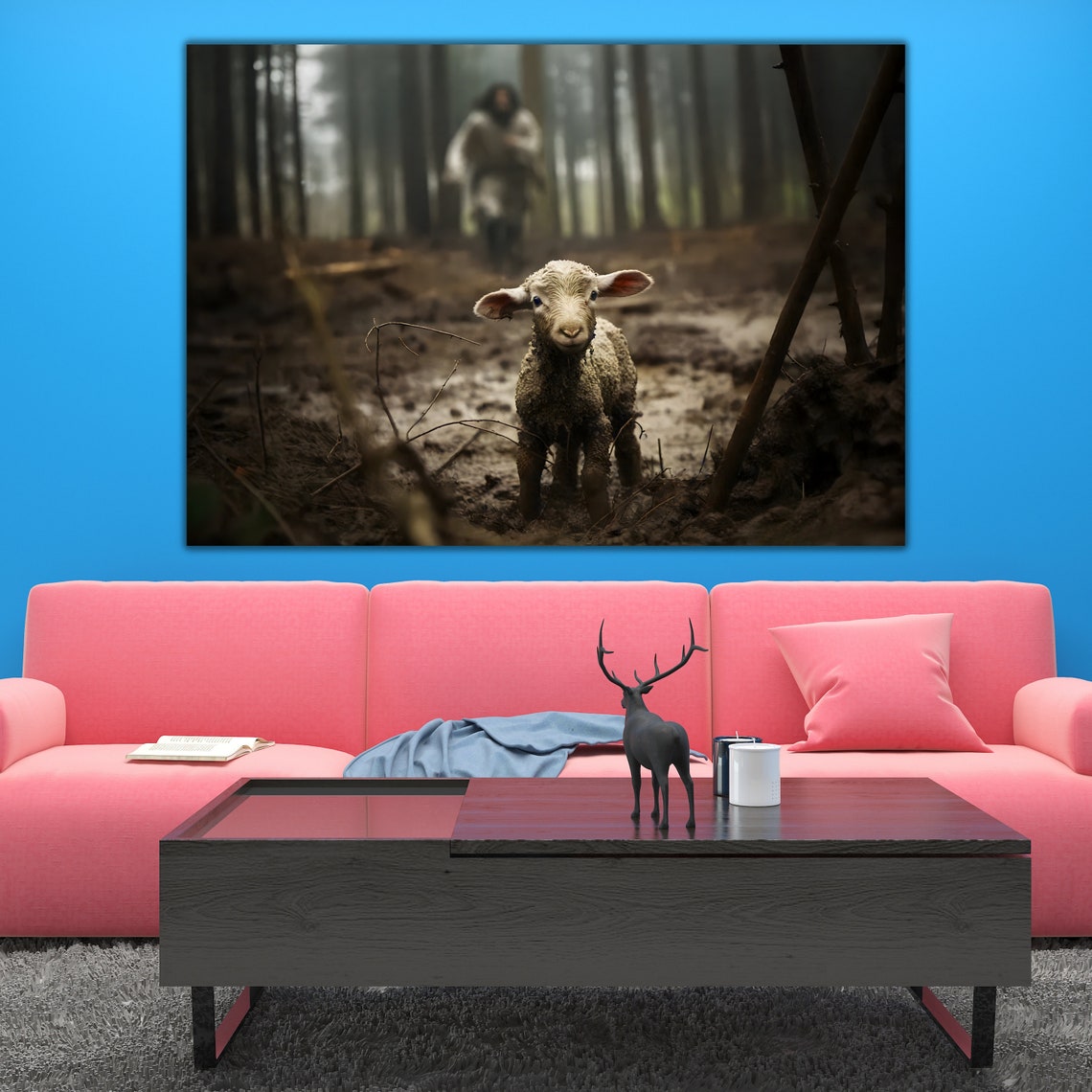 Jesus Running After Lost Lamb Misty Forest Panoramic Religious Poster - Image 2