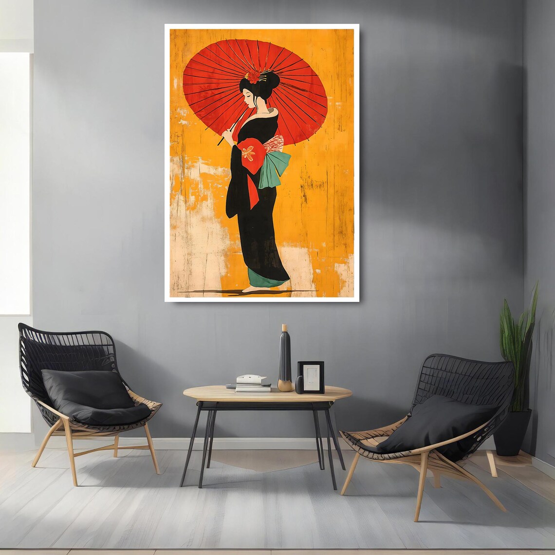Elegant Geisha Red Parasol Golden Japanese Style Wall Poster - Image 2