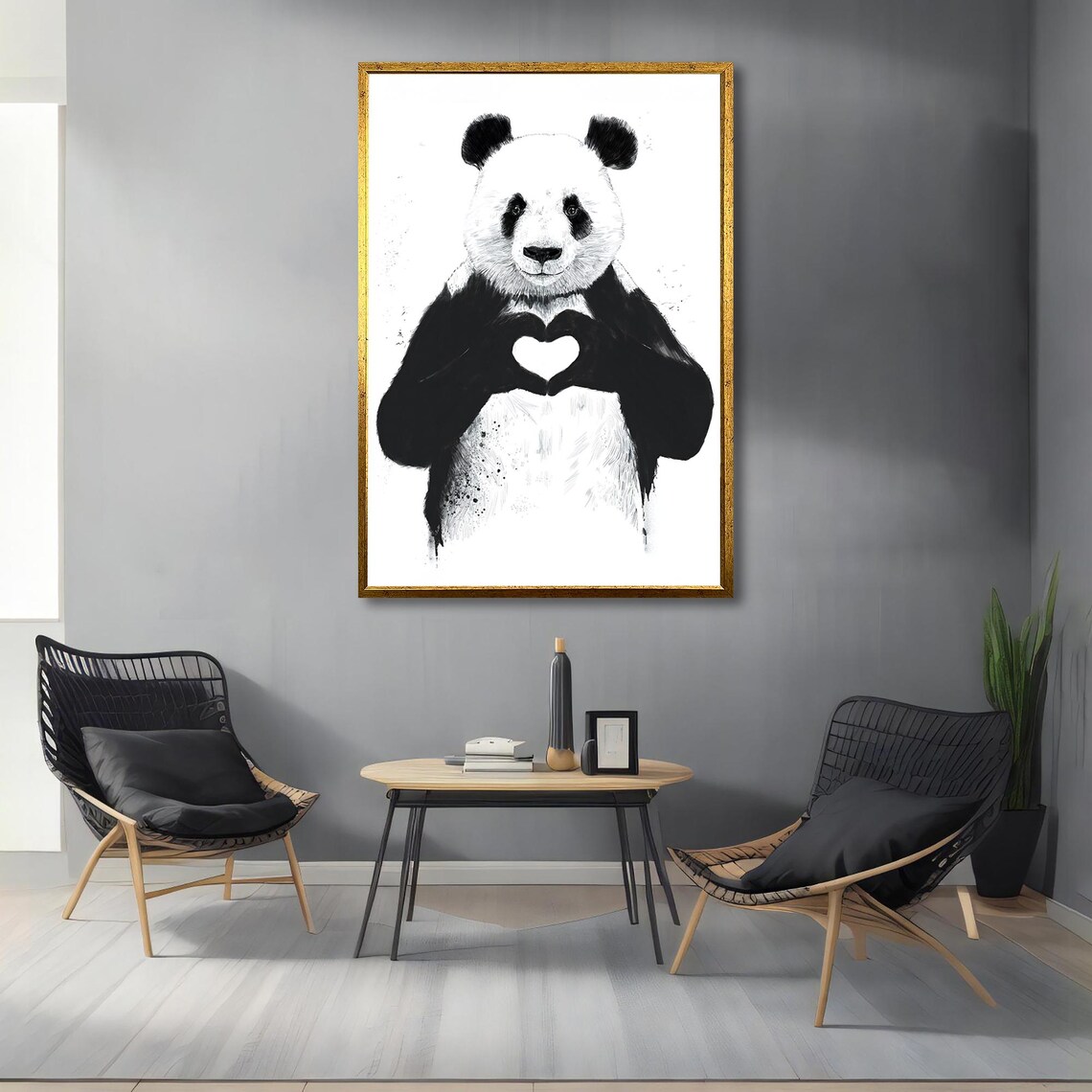 Sweet Panda Holding Heart Black And White Cute Animal Love Poster - Image 3