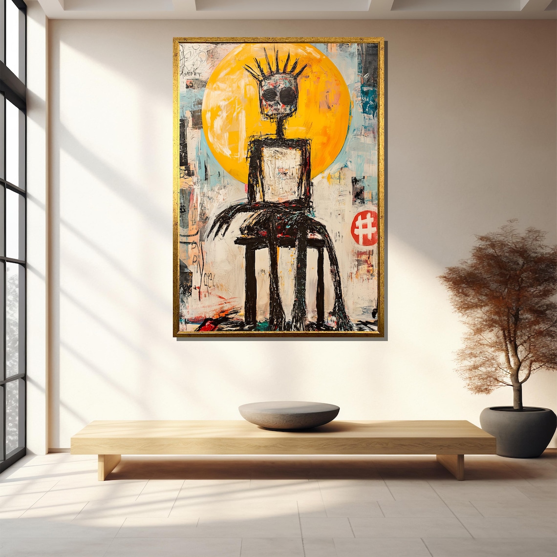 Basquiat Style Seated Figure Golden Sun Halo Expressionist Art Print - Image 5