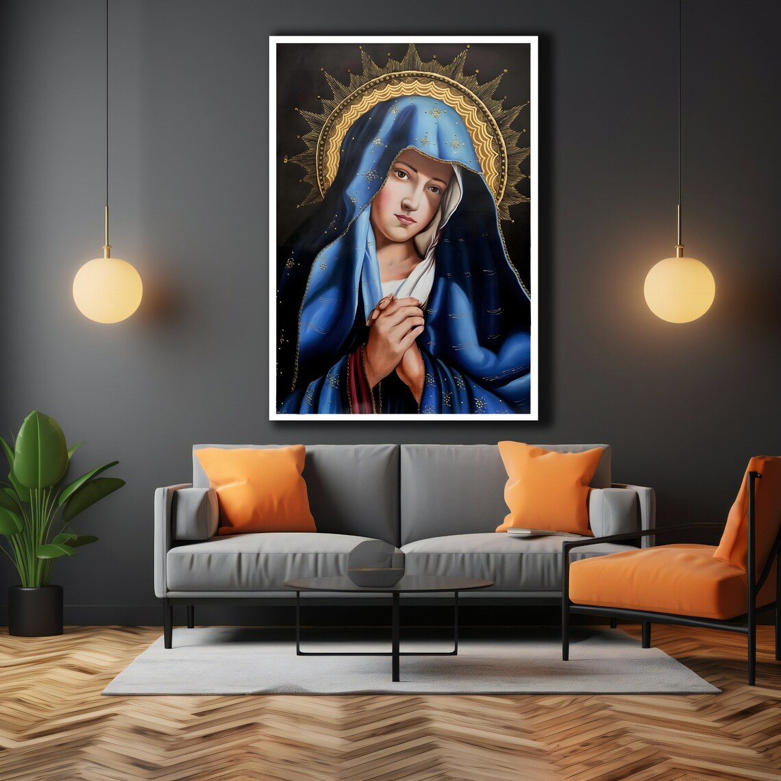 Virgin Mary In Blue Mantle With Golden Halo Sacred Catholic Art Poster - Image 3